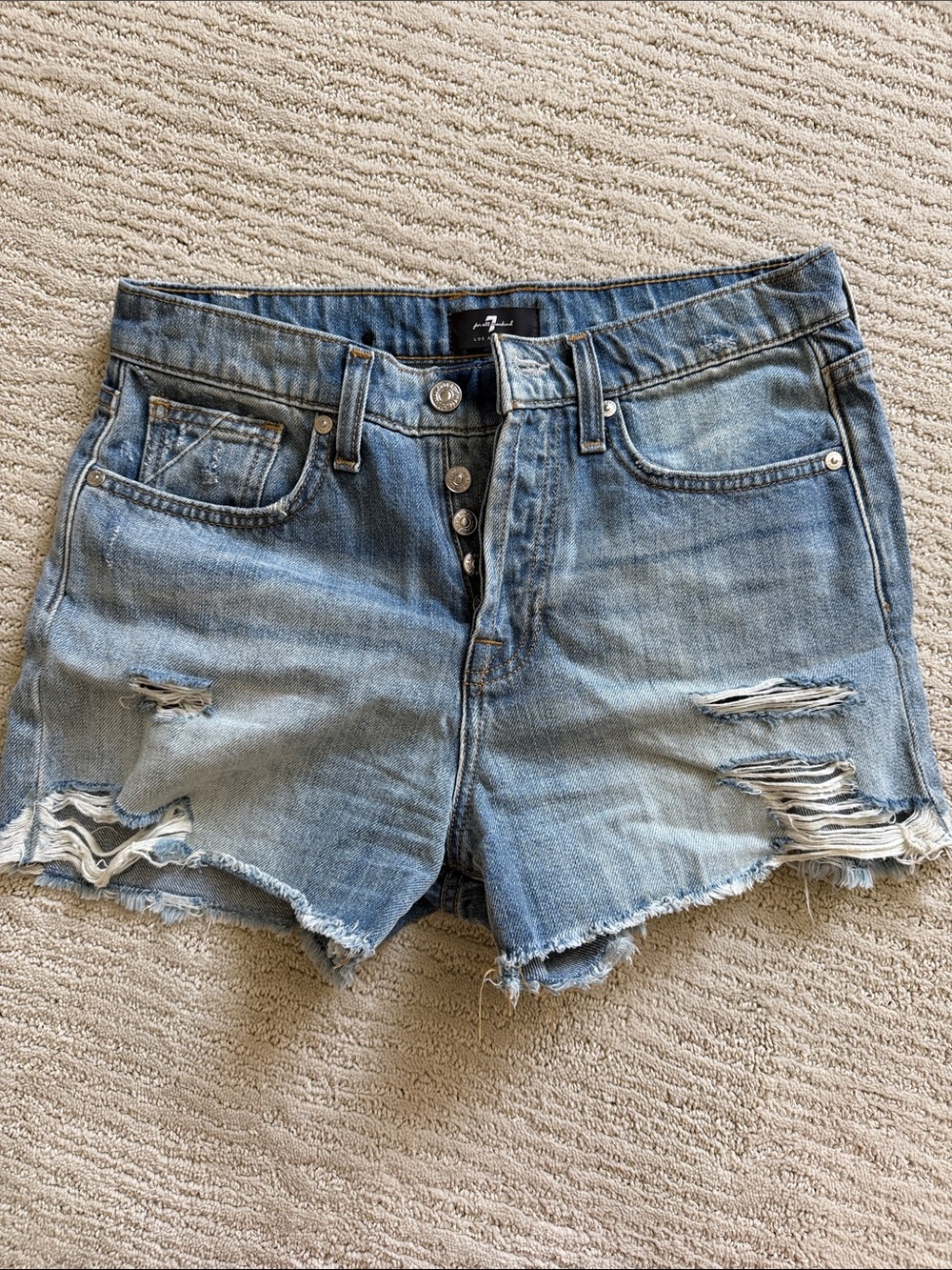 7 For All Mankind Light Blue Distressed Denim Shorts